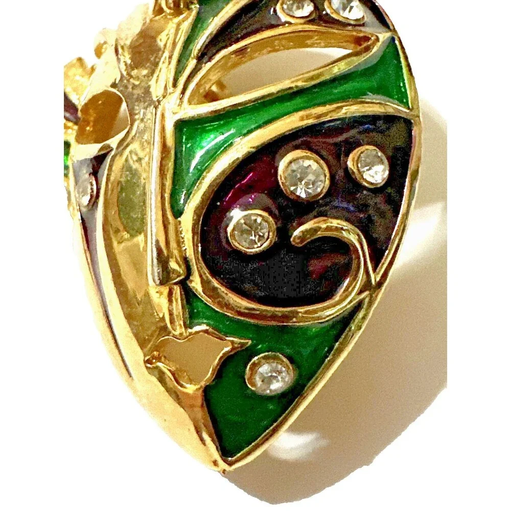 Vintage Kabuki Theater Mask Brooch Ornate Green Red Enamel Rhinestone Pin 1.75